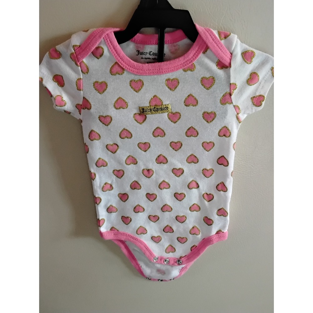 Juicy Couture Baby Girls Bodysuit Pink‎ Gold Glitter Hearts White 6-9 Months